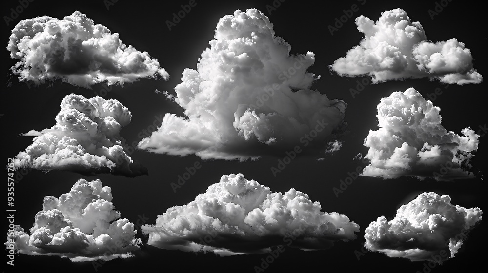 Poster ethereal white clouds on black background - versatile design element for graphics and compositions