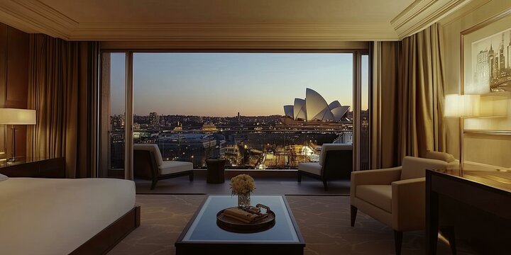 Luxury hotel room overlooking Sydney Opera House.