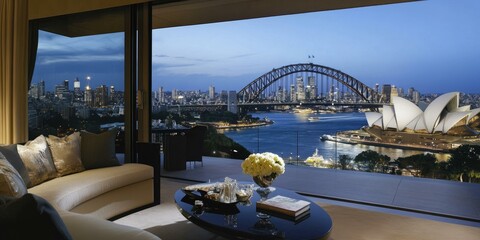 Naklejka premium Luxury living room with Sydney Harbor views.