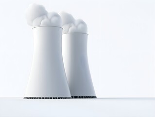 Detailed 3D rendering of a nuclear power plant, isolated on a white background, highlighting the cooling towers and reactor buildings