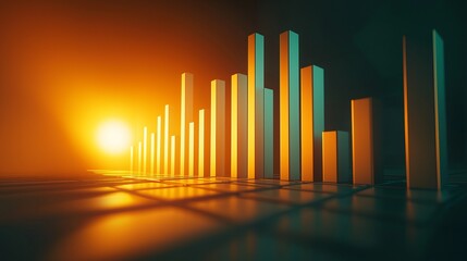 Fototapeta premium A dynamic bar graph illuminated by a glowing sunset, representing growth and progress in data visualization.