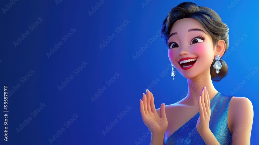 Wall mural 3d character close up portrait of a thrilled asian woman in a formal dress, with hands clapping and 