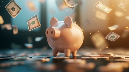 A piggy bank surrounded by falling dollar bills, symbolizing savings and financial growth in a vibrant, colorful setting.