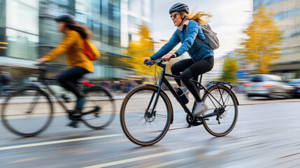 Fototapeta premium Two cyclists in motion on a city street, highlighting urban commuting, healthy living, and active transportation in a dynamic environment.