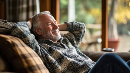 A man in a sweater and plaid shirt relaxing on the couch, AI