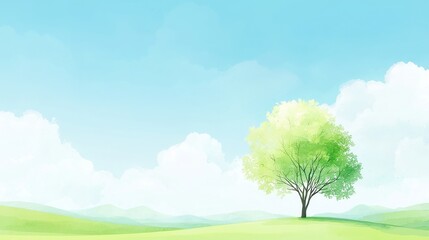 Obraz premium Abstract tree silhouette against a vibrant painted field landscape, soft watercolor hues blending seamlessly, inviting tranquility and contemplation in a serene setting.