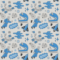 Hand-drawn Cute Cat In Outer Space Seamless Vector Pattern