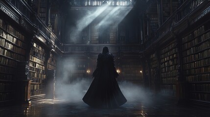 Enigmatic Scholar in a Grand Library: A Striking Poster for Literary Enthusiasts and Mystery Lovers, Capturing the Allure of Ancient Knowledge and Intrigue
