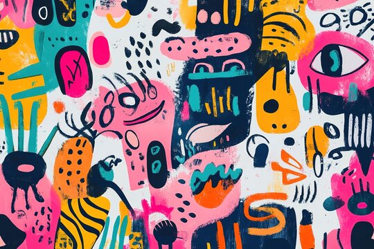 Vibrant 80s inspired abstract doodle art with colorful squiggles