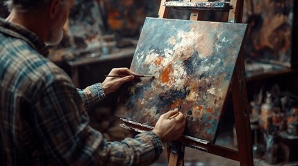 Artist painter works in art workshop abstract masterpiece painting Successful fine art artist drawing in dark Copy space : Generative AI