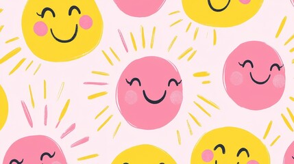 Obraz premium Smiling Sun Seamless Pattern - Yellow and Pink Sun with Rays, Digital Painting, Happy Faces, Summer Vibes, Pattern Design, Abstract Background, Sun