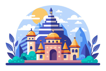 Fototapeta premium Colorful Fantasy Town with Buildings and Mountains