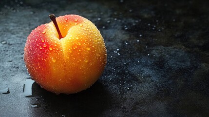 Vibrant Ripe Peach with Dew Drops on Sleek Black Countertop: Perfect for a Culinary Poster or Modern Kitchen Decor, Showcasing Golden Skin and Fuzzy Texture Under Soft Lighting