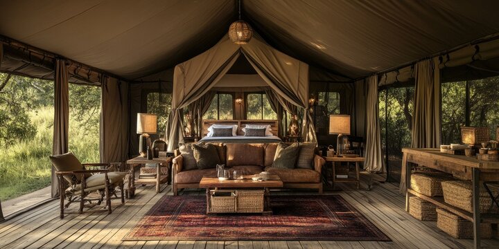 Luxurious safari tent with a view of nature.