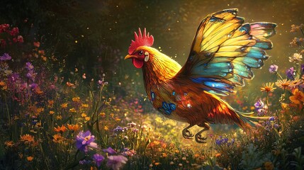Fototapeta premium Vibrant Chicken with Butterfly Wings Soars Above a Wildflower Garden: A Whimsical Poster for Brightening Up Your Sports or Playroom Decor!