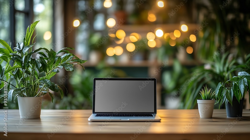 Poster Background image of cozy workplace interior with open laptop on table in foreground and green plants in spacious light office copy space : Generative AI