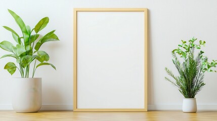 Vertical wooden frame display on rustic wooden floor against a clean white wall, designed for showcasing artwork or posters in a contemporary interior setting.