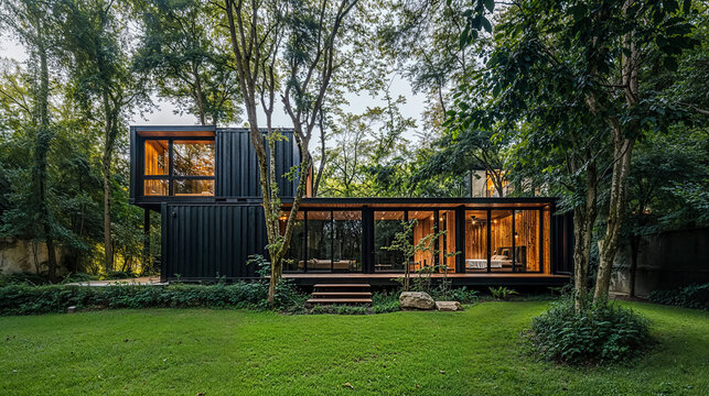 a modern house made from shipping containers, painted black	
