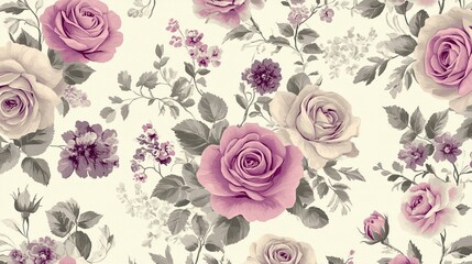 Vintage Floral Pattern A Watercolor Painting of Delicate Roses, Flowers, and Leaves on a Light Background. , floral pattern, vintage flowers, watercolor art, painting