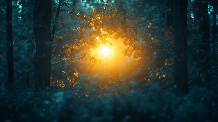 Fototapeta premium Abstract artistic background creative cinematic photo of dark forest over sunset mysterious scary picture : Generative AI