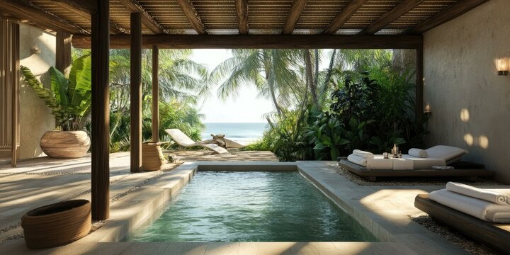 Tropical patio with pool, lounge chairs, and ocean view.