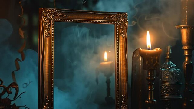 Spooky mirror and candles burning. Sinister vintage Halloween decorations with an antique mirror. Horror. Photo zone for Halloween. Background 4k video