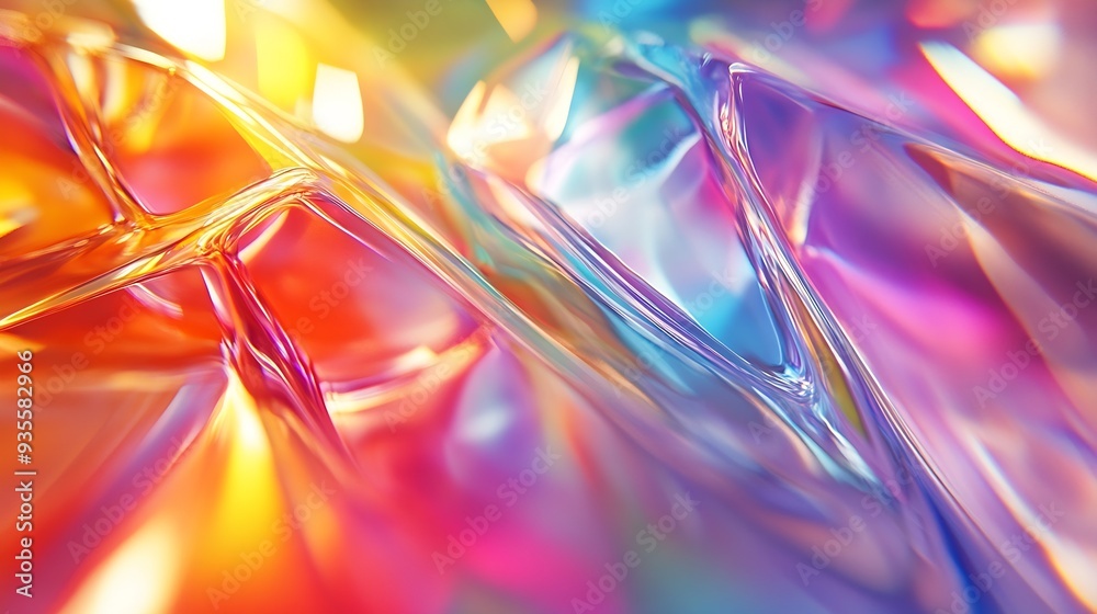 Poster A complex interplay of rainbow colors creates a liquidlike abstraction on a 3d glass surface with warped and stretched light : Generative AI