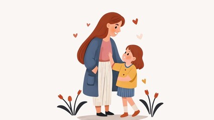 Fototapeta premium Mother and daughter are walking in the park. Cartoon illustration in flat style with copy space for design, template, artwork, wallpaper, backdrop