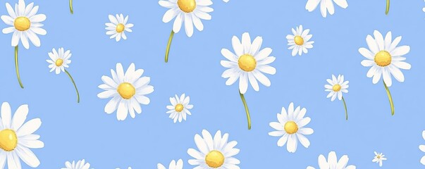 Watercolor Daisy Pattern on Light Blue Background, Daisy Pattern, Floral Design, Spring Flowers, Daisy Background