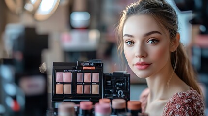 Phone screen makeup catalog and woman online shopping with ecommerce and tech service for cosmetics Scroll beauty product list delivery and UX with customer at home mobile app and stor : Generative AI