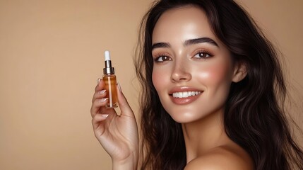 Obraz premium Happy pretty longhaired middle eastern woman holding pipette with beauty product applying antiaging nourishing moisturizing serum isolated on beige background Skin care routine facial : Generative AI