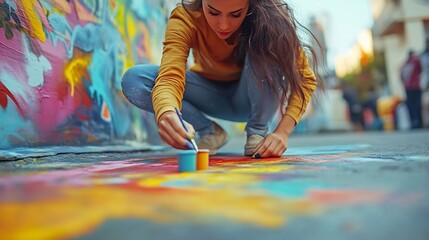 Obraz premium Female street artist painting colorful graffiti on the ground with copy space Modern art urban concept : Generative AI