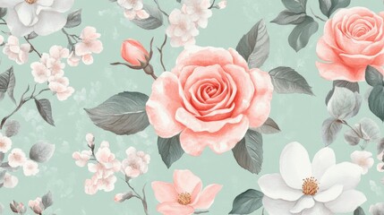 Watercolor Floral Pattern Roses, Magnolia and Cherry Blossoms on Mint Green Background, floral pattern, watercolor flowers, seamless pattern , botanical art