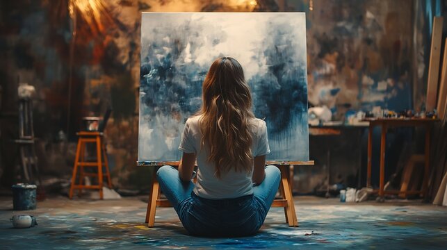 Back view of talented concentrated Caucasian woman professional artist sitting on floor in studio in evening painting drawing on big canvas creativity work contemporary creative painte : Generative AI