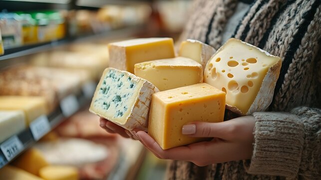 Female customer in store decides to buy cheese Girl holds several different types of cheese in hands and doubts choice : Generative AI
