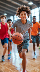 A young man is running with a basketball in his hand