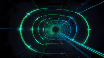 Fototapeta premium A flat vector background depicting a tunnel formed by rotating blue and green laser beams, creating a sense of depth and motion