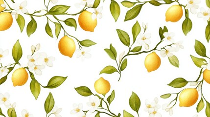 Watercolor Lemon Branch Pattern with White Flowers, seamless, botanical, citrus , floral