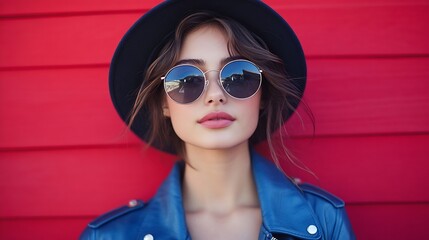 Portrait of beautiful young woman wearing blue leather jacket sunglasses round hat on red wall background : Generative AI