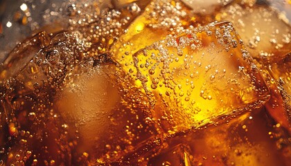 Refreshing close-up of a soda with ice cubes, showcasing vivid sparkling bubbles and rich amber tones. The image captures the coolness and fizz, ideal for summer-themed beverage advertising.