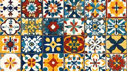 Watercolor Mosaic Tiles Floral Pattern in Red, Yellow, and Blue, tiles, pattern, mosaic, watercolor
