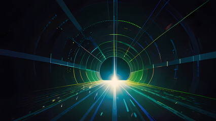 A flat vector background depicting a tunnel formed by rotating blue and green laser beams, creating a sense of depth and motion