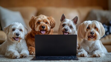 Back view of dog talking to dog friends in video conference Group of dogs having an online meeting in video call using a laptop Labradoodle and boxer dog chatting online Pets using a c : Generative AI