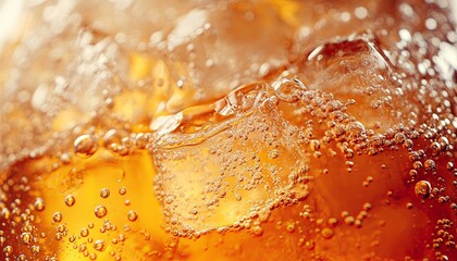 Detailed macro image of a fizzy drink with ice cubes, featuring sparkling bubbles in a refreshing amber hue. Ideal for beverage-related content and summer promotions.