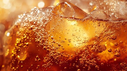 Close-up of a carbonated beverage with ice, capturing the shimmering bubbles and deep amber color. Perfect for food and drink advertising with a summer vibe.