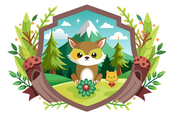 Obraz premium Cute Cartoon Fox and Squirrel in a Forest Landscape Crest
