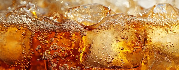 Chilled soda with ice cubes, sparkling with bubbles in an amber liquid, captured in a crisp and refreshing close-up. Ideal for summer menus and drink ads.