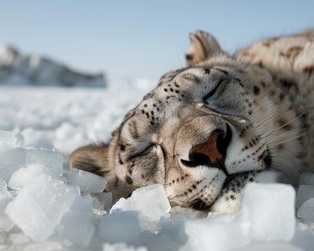A predator at the North Pole, surrounded by frozen creatures and lying on ice cubes - Powered by Adobe