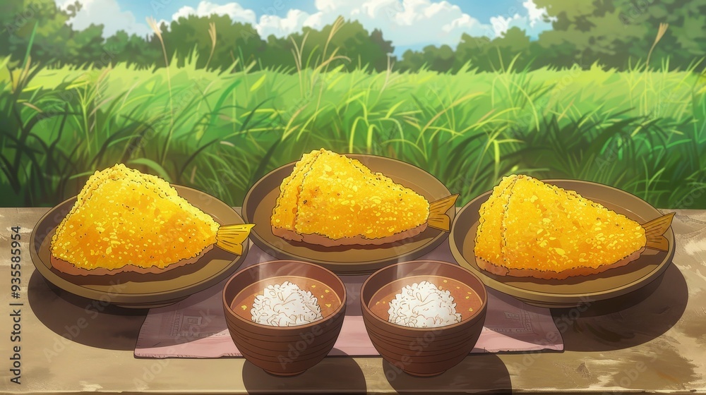 Wall mural Three Plates of Rice and Two Cups of Tea on a Wooden Table in a Field