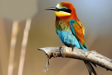Obraz premium Beautiful blue and green roller perched on a branch, its vibrant feathers contrasting against the natural background